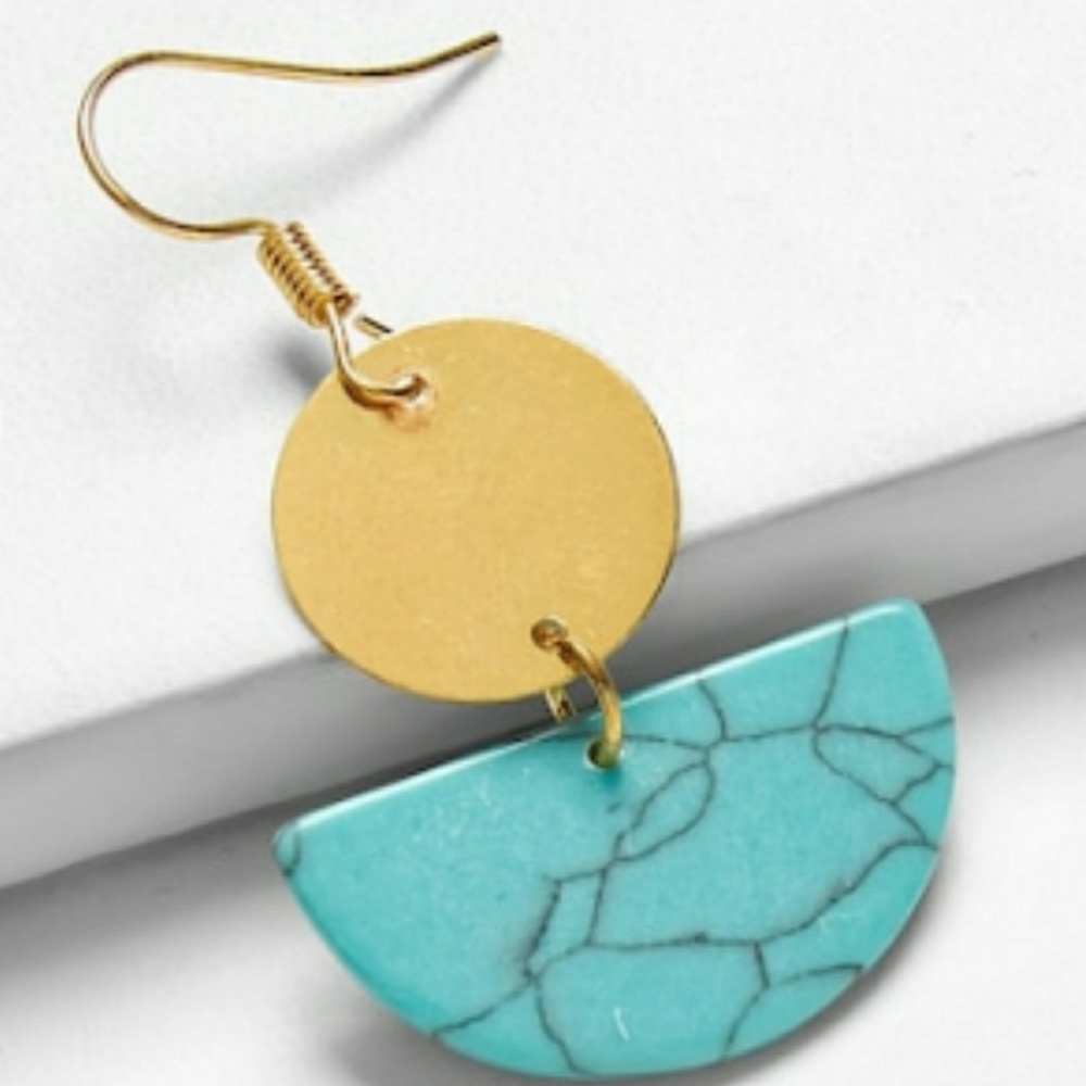 Gold & Turquoise Geometric Dangle Earrings - Picture 3 of 4